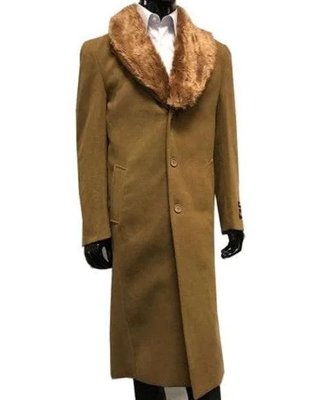 Moscow: MENS WOOL CASHMERE OVERCOAT WITH FUR COLLAR 48 INCHES CAMEL
