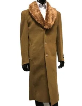 Moscow: MENS WOOL CASHMERE OVERCOAT WITH FUR COLLAR 48 INCHES CAMEL
