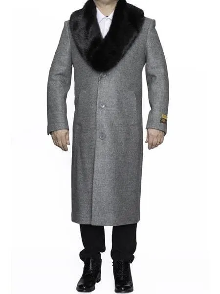 Moscow: REMOVABLE FUR COLLAR FULL LENGTH LIGHT GREY WOOL OVERCOAT