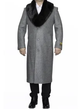 Moscow: REMOVABLE FUR COLLAR FULL LENGTH LIGHT GREY WOOL OVERCOAT