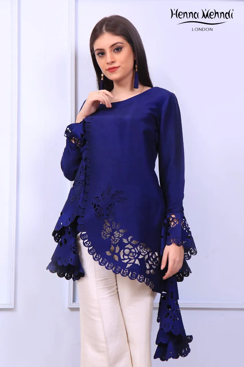 Navy Ruffle Sleeves Laser Cut Outfit