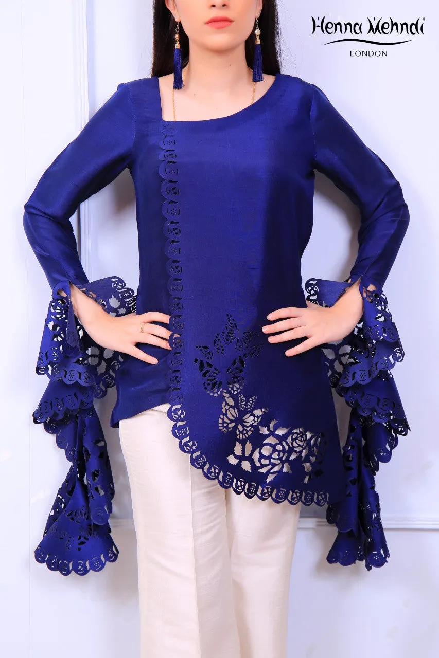 Navy Ruffle Sleeves Laser Cut Outfit