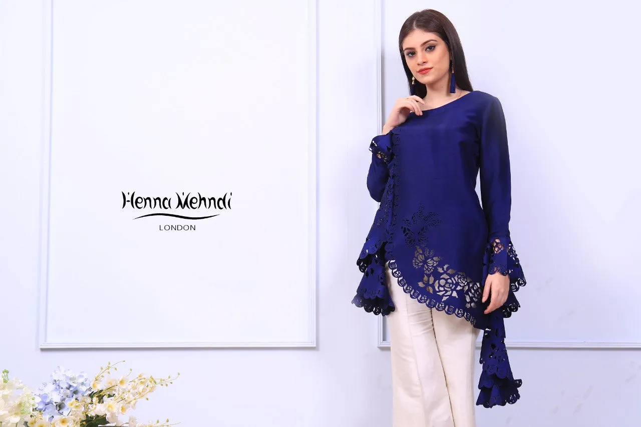 Navy Ruffle Sleeves Laser Cut Outfit