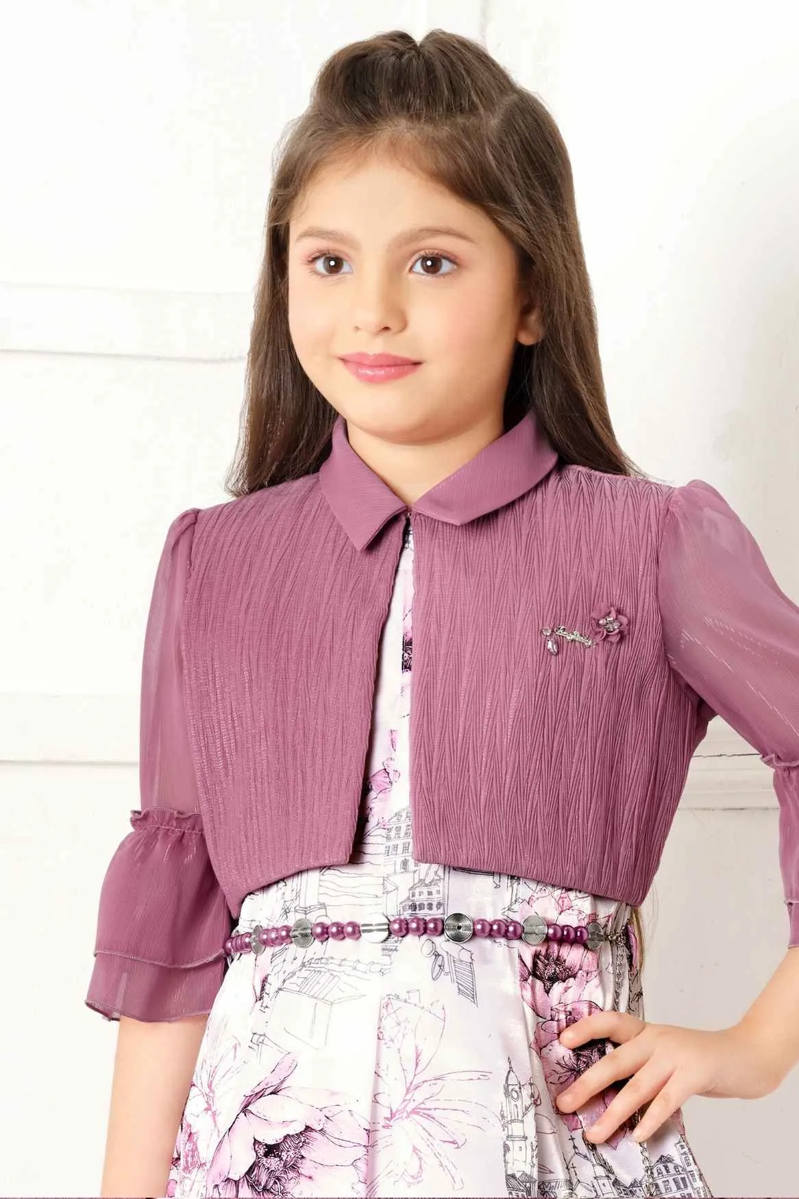 Onion Pink Floral Printed Frock With Overcoat For Girls