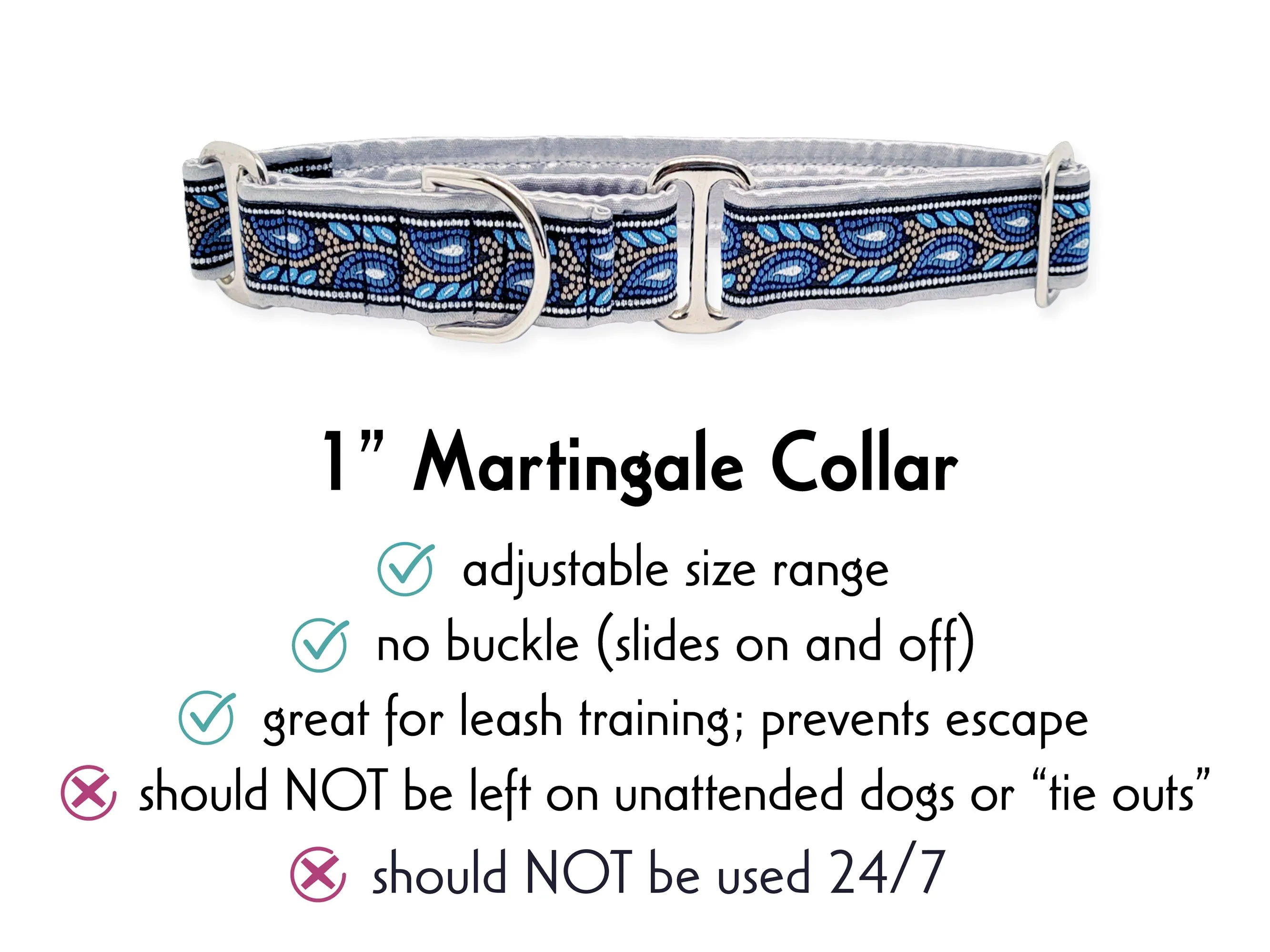 Paisley Vines in Silver & Blue - Martingale or Buckle Dog Collar - 1" Width