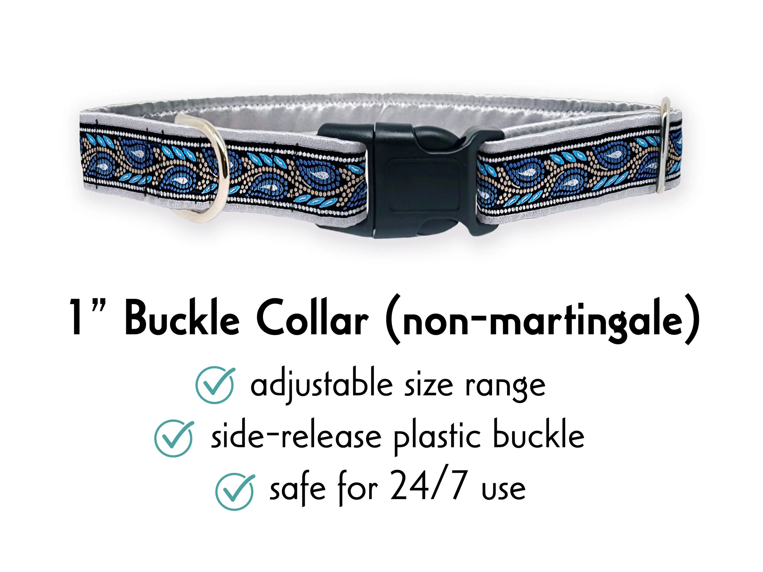 Paisley Vines in Silver & Blue - Martingale or Buckle Dog Collar - 1" Width