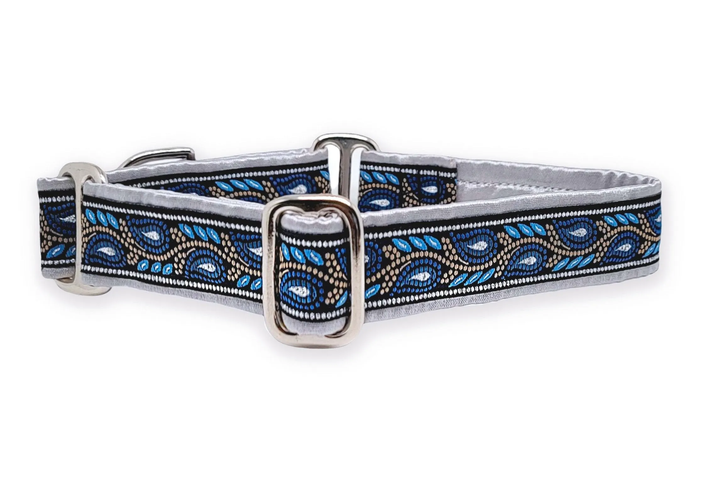 Paisley Vines in Silver & Blue - Martingale or Buckle Dog Collar - 1" Width