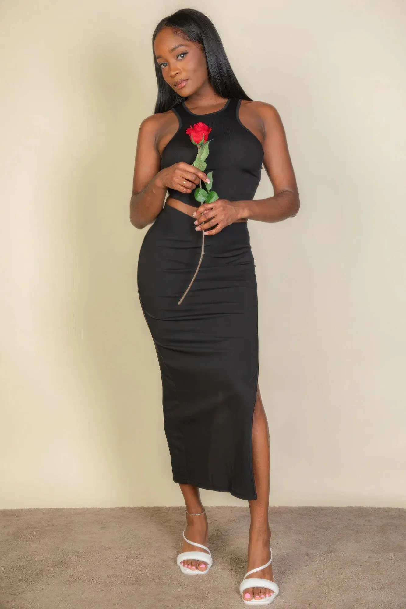 Ribbed Cropped Top And Maxi Side Slit Skirt