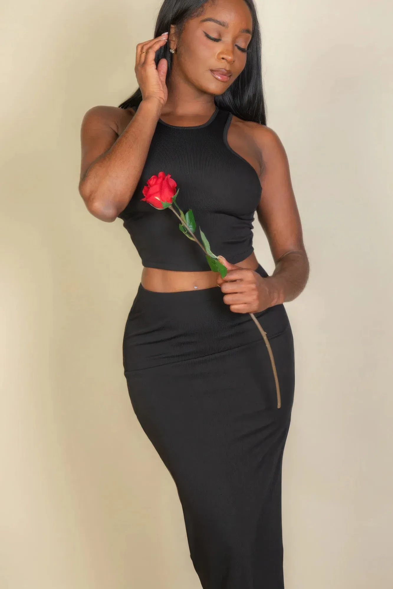 Ribbed Cropped Top And Maxi Side Slit Skirt