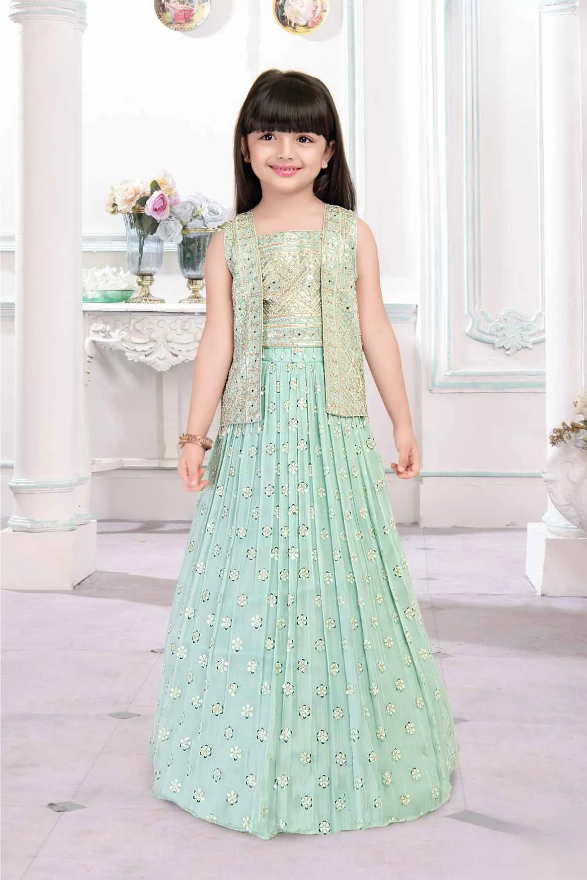 Sea Green Mirror And Bead Work With Sequins Embroidery Lehenga Choli With Overcoat For Girls