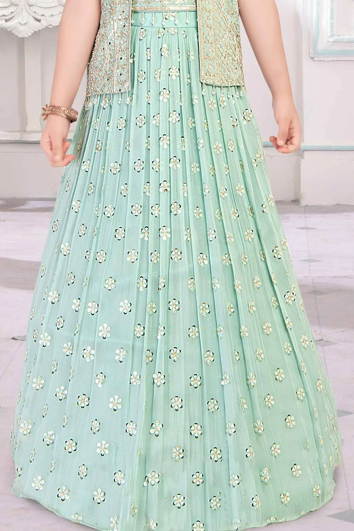 Sea Green Mirror And Bead Work With Sequins Embroidery Lehenga Choli With Overcoat For Girls