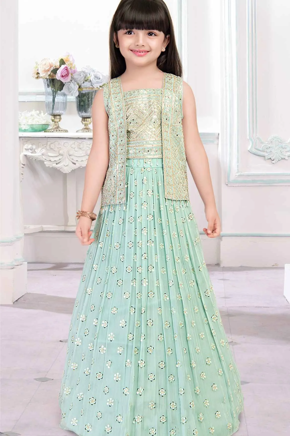 Sea Green Mirror And Bead Work With Sequins Embroidery Lehenga Choli With Overcoat For Girls