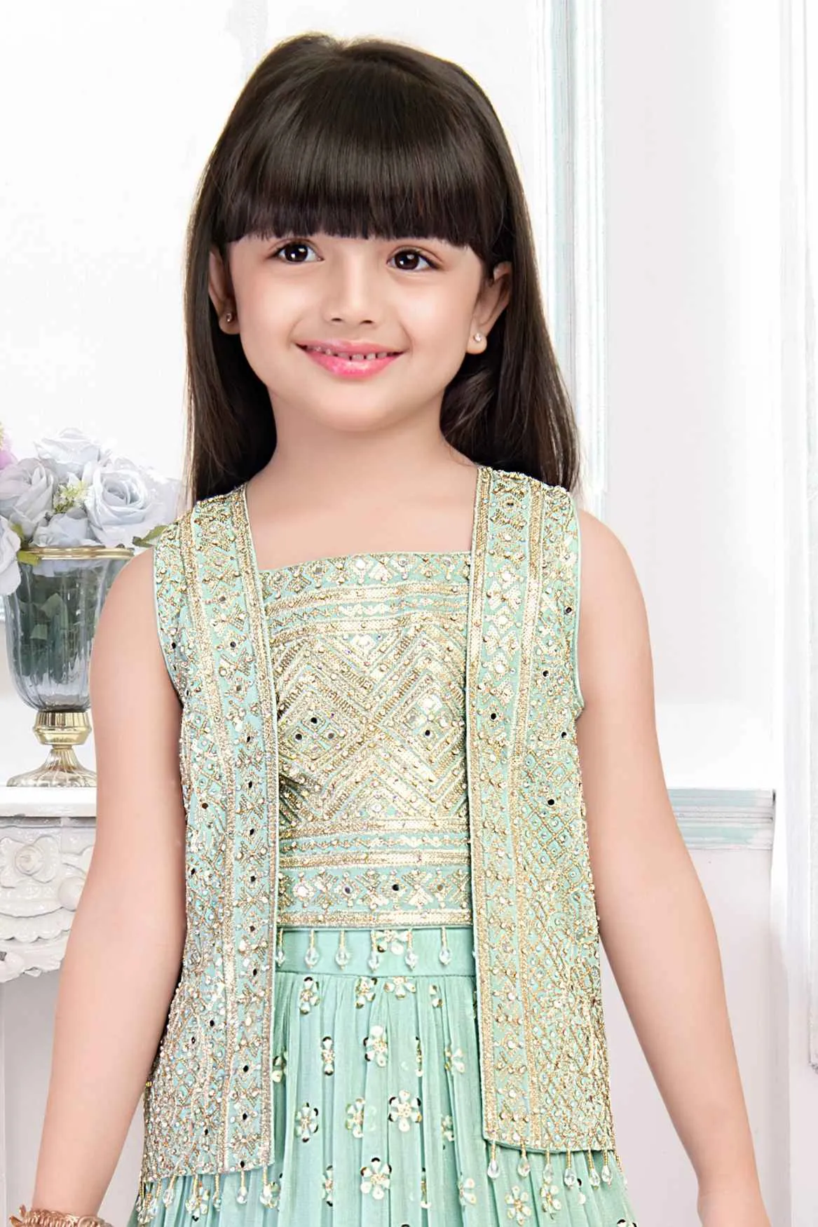 Sea Green Mirror And Bead Work With Sequins Embroidery Lehenga Choli With Overcoat For Girls
