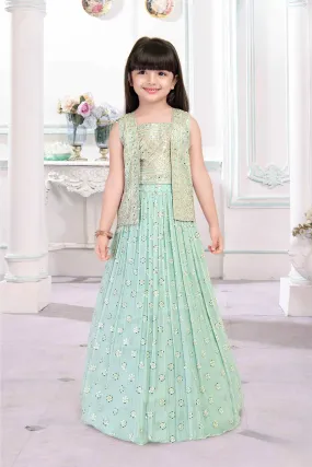Sea Green Mirror And Bead Work With Sequins Embroidery Lehenga Choli With Overcoat For Girls