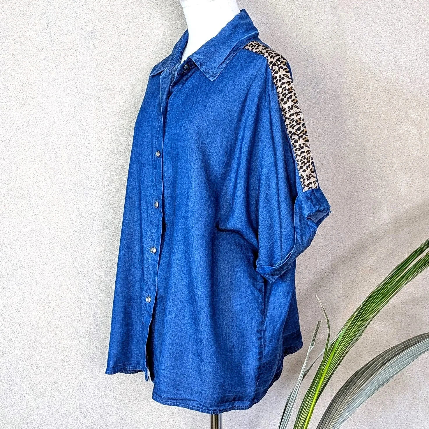 Tencel shirt with animal print trim on shoulders and arms