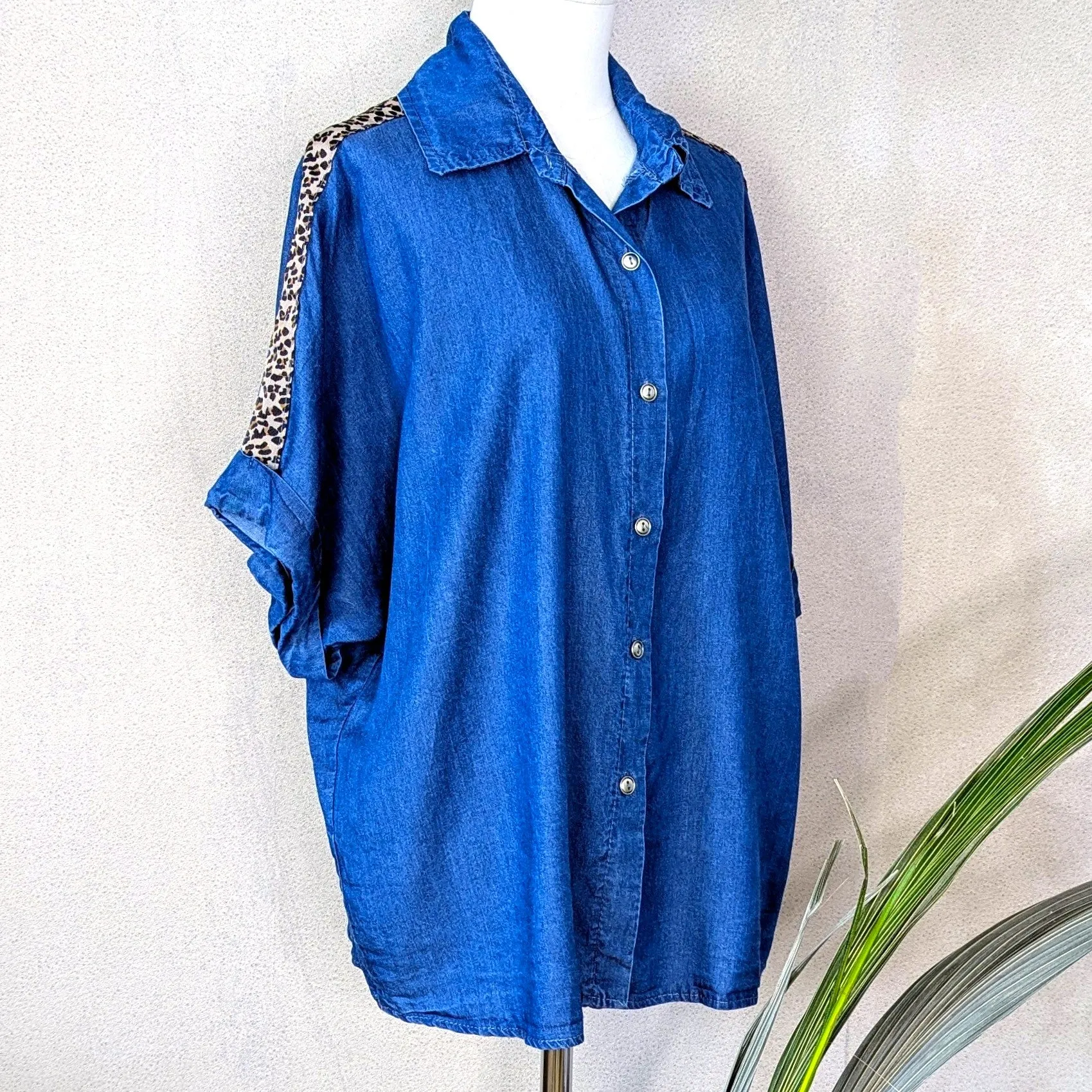 Tencel shirt with animal print trim on shoulders and arms