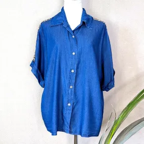 Tencel shirt with animal print trim on shoulders and arms