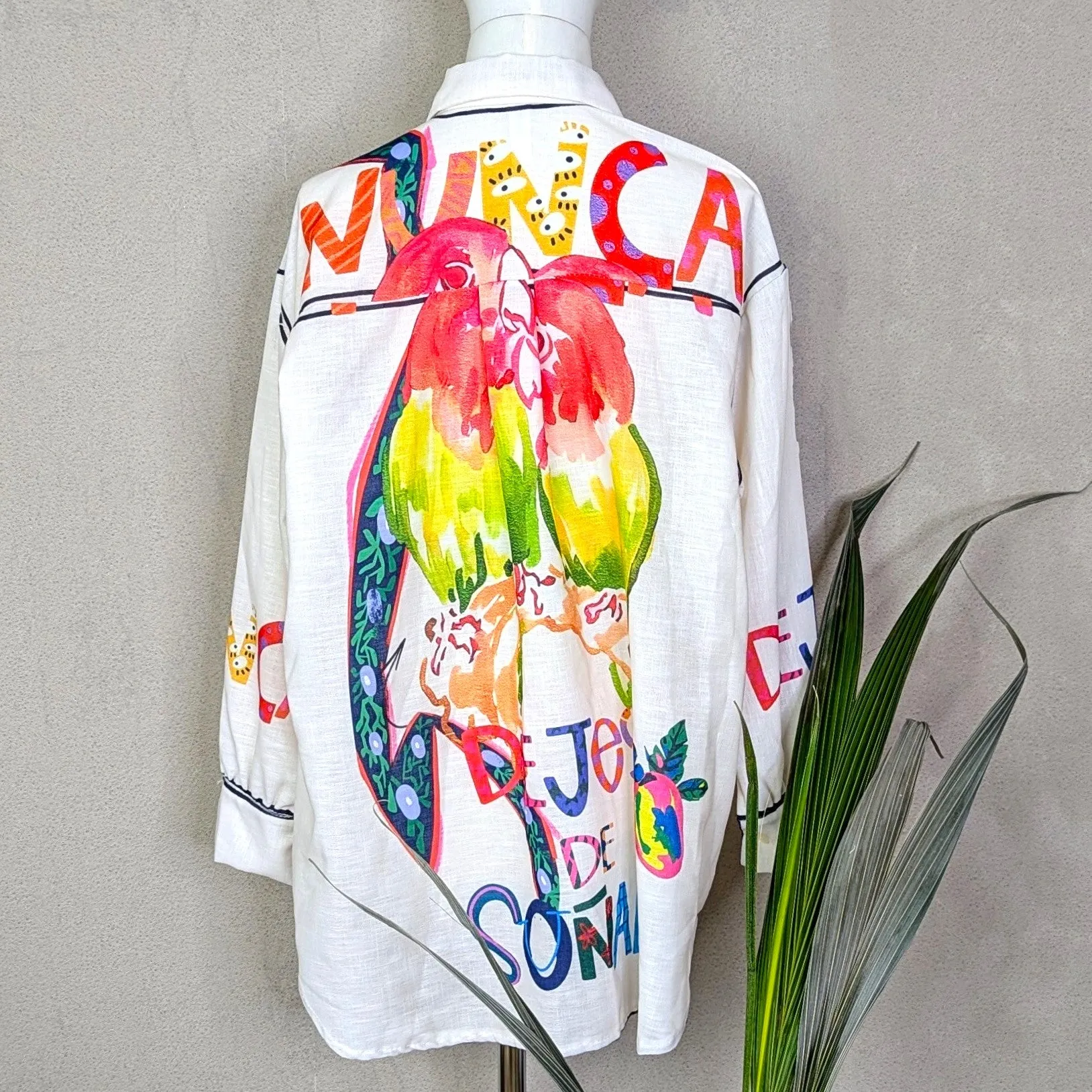 Unique tropical shirt with parrots and fruit