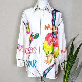 Unique tropical shirt with parrots and fruit