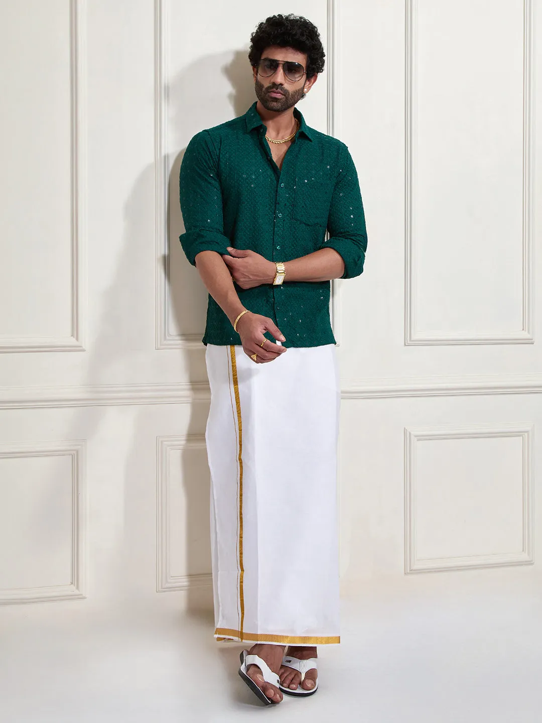 VASTRAMAY Men's Green Rayon Ethnic Shirt And Mundu Set