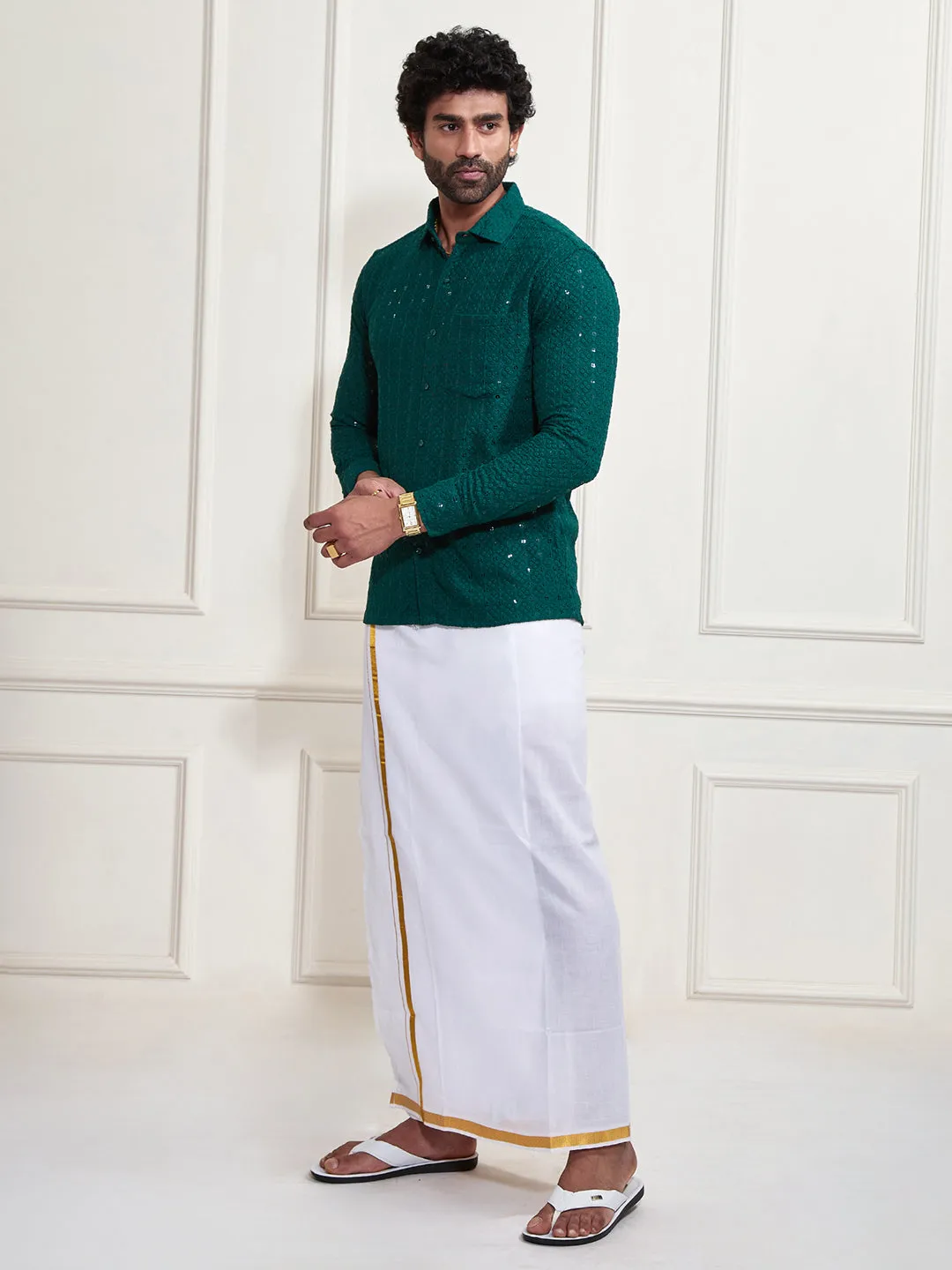 VASTRAMAY Men's Green Rayon Ethnic Shirt And Mundu Set