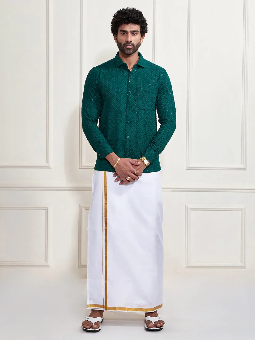 VASTRAMAY Men's Green Rayon Ethnic Shirt And Mundu Set