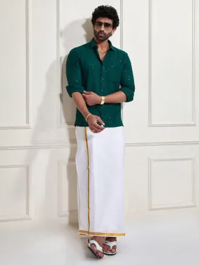 VASTRAMAY Men's Green Rayon Ethnic Shirt And Mundu Set