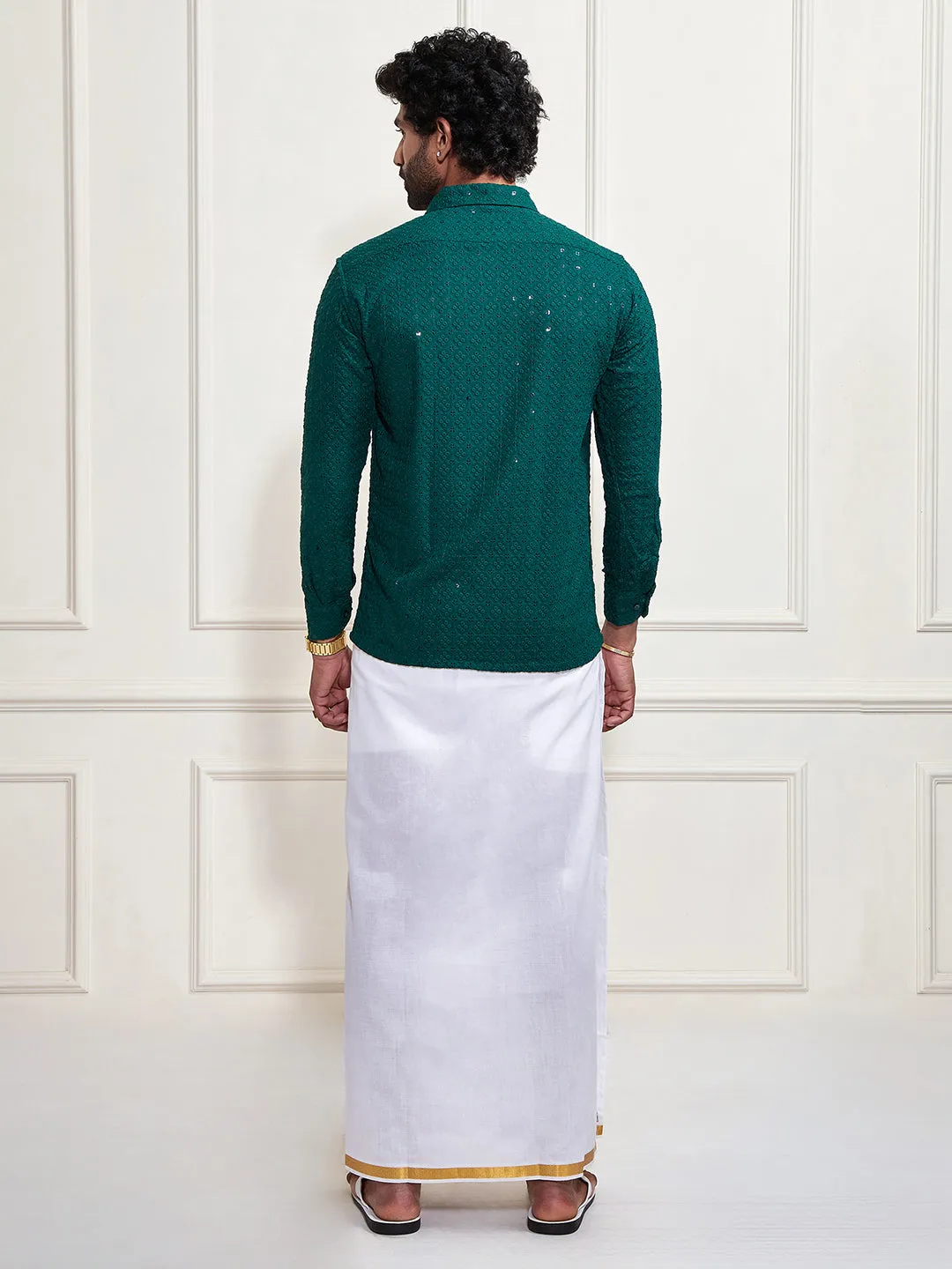 VASTRAMAY Men's Green Rayon Ethnic Shirt And Mundu Set
